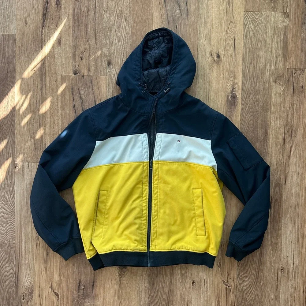 Tommy Hilfiger Mens Yen Softshell Hooded Jacket‎ Navy White Yellow Size XL